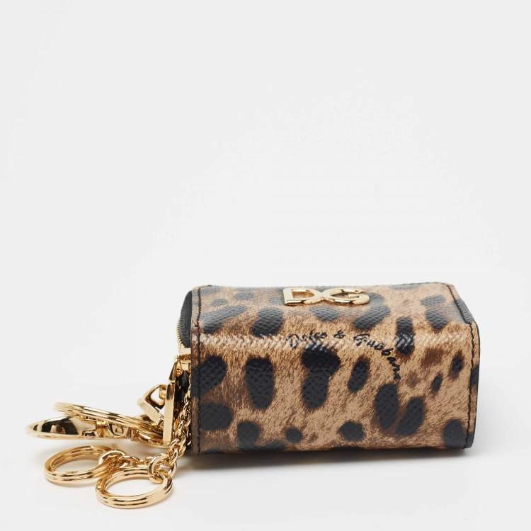 مملوكة مسبقًا Dolce & Gabbana Black Leopard Print Leather Logo Coin Purse Key-Ring 