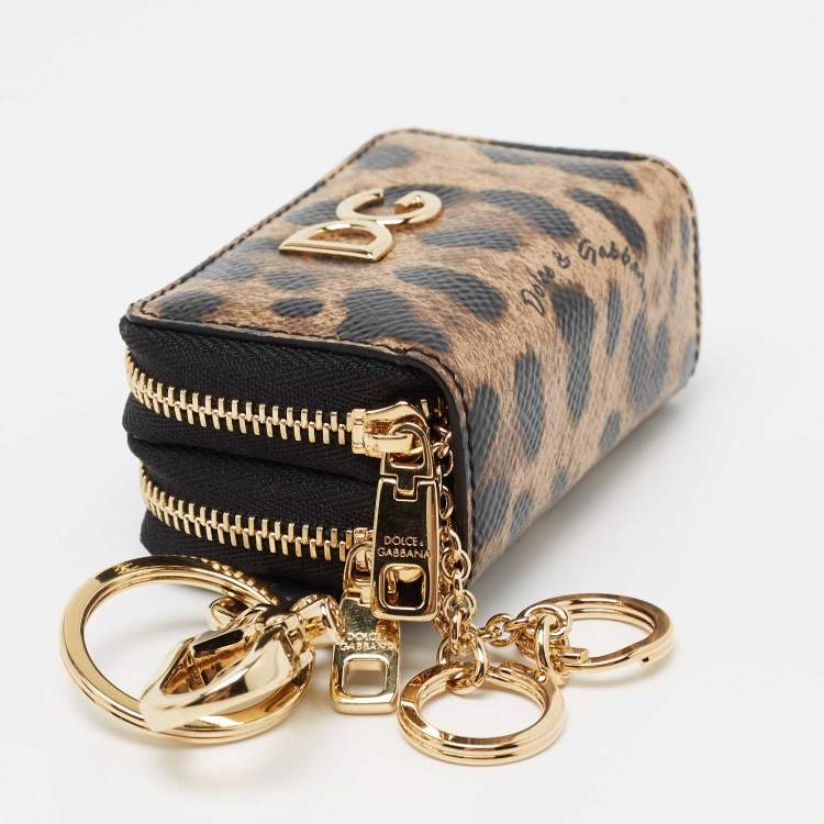 مملوكة مسبقًا Dolce & Gabbana Black Leopard Print Leather Logo Coin Purse Key-Ring 