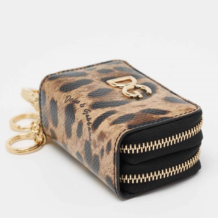 مملوكة مسبقًا Dolce & Gabbana Black Leopard Print Leather Logo Coin Purse Key-Ring 