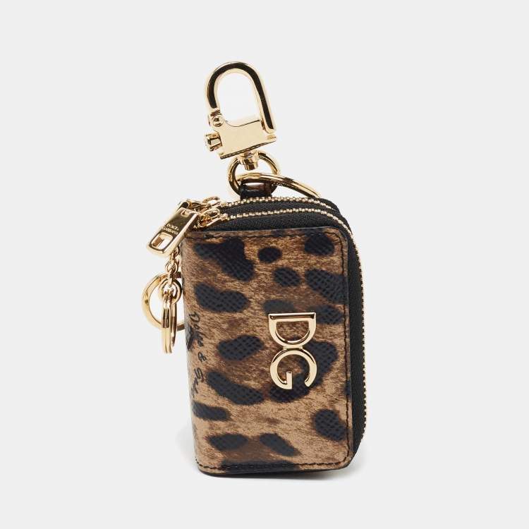 مملوكة مسبقًا Dolce & Gabbana Black Leopard Print Leather Logo Coin Purse Key-Ring 