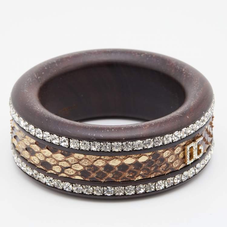 Pre Owned Dolce & Gabbana Brown Crystal Embellished Python Insert Bangle M
