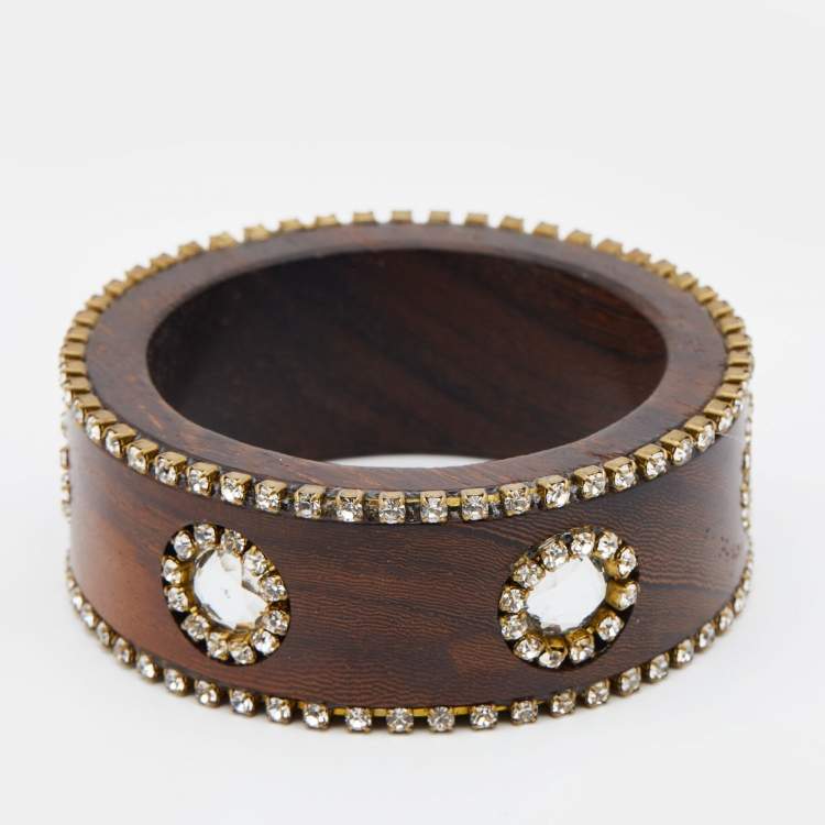 Pre Owned Dolce & Gabbana Brown Wood Crystal Embellished Wide Bangle