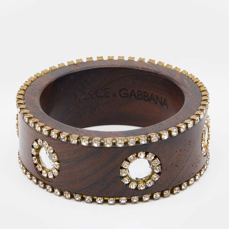 Pre Owned Dolce & Gabbana Brown Wood Crystal Embellished Wide Bangle