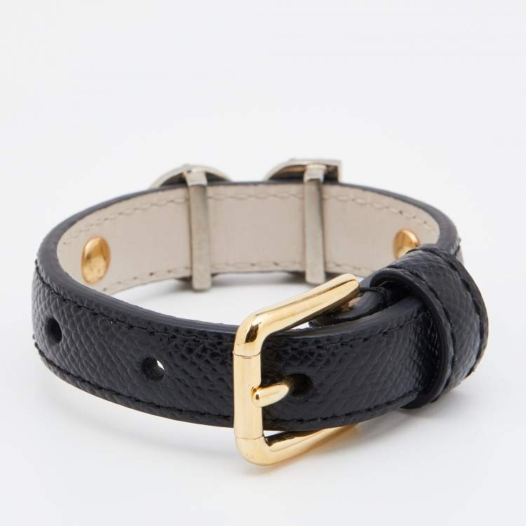 Pre Owned Dolce & Gabbana Crystal DG Logo Black Leather Bracelet M