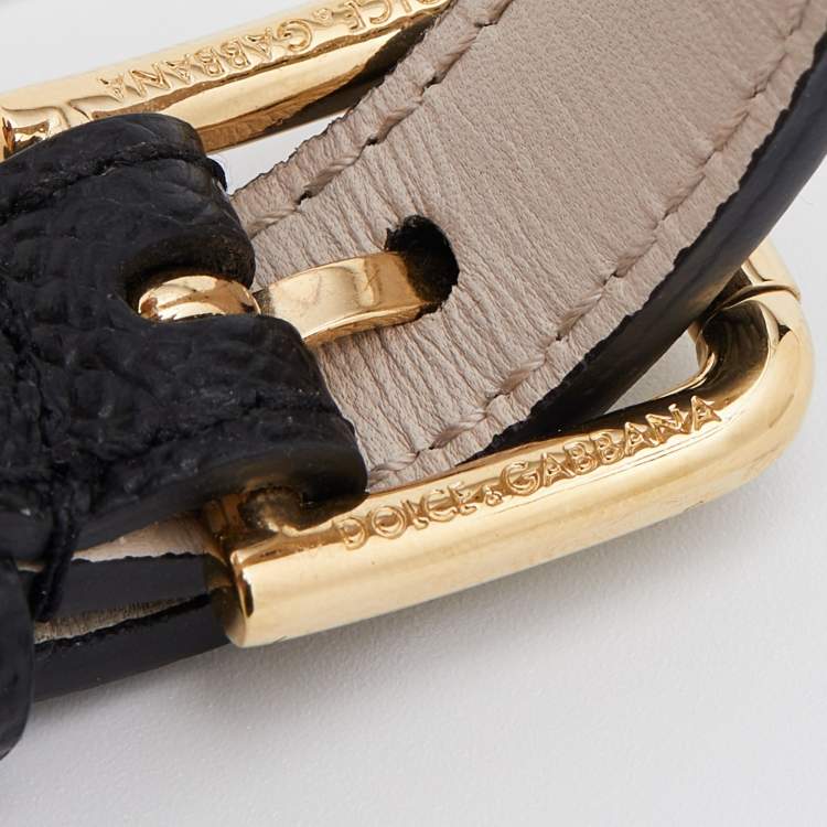 Pre Owned Dolce & Gabbana Crystal DG Logo Black Leather Bracelet M