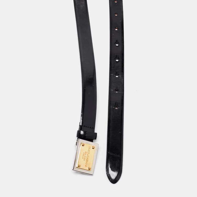 Pre Owned Dolce & Gabbana Black Glossy Leather Logo Plague Belt 85CM