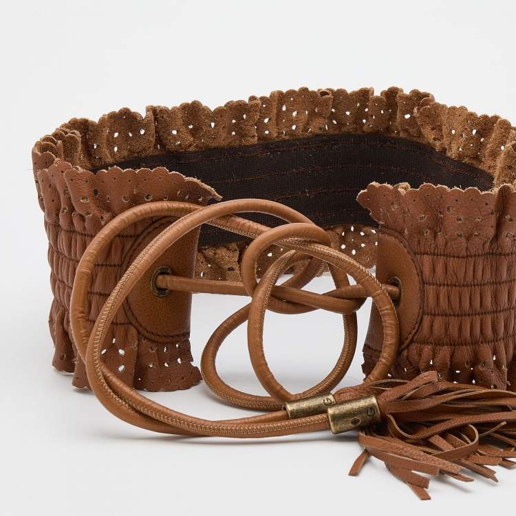 Pre Owned Dolce & Gabbana Brown Leather Wide Waist Belt 75CM