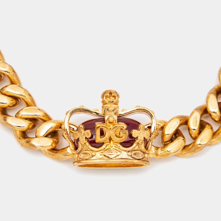 Pre Owned Dolce & Gabbana Gold Crown Charm Chain Bracelet