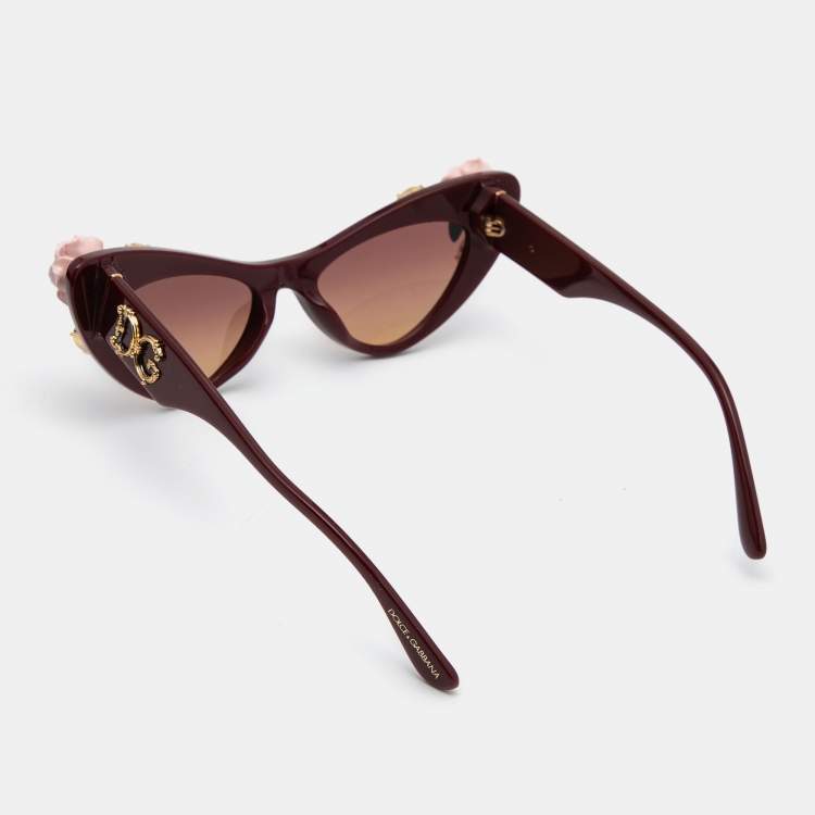 Pre Owned Dolce & Gabbana Burgundy DG436B Floral Embellished Blooming Cat Eye Sunglasses
