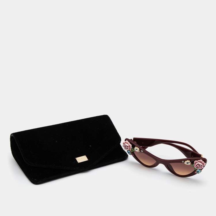 Pre Owned Dolce & Gabbana Burgundy DG436B Floral Embellished Blooming Cat Eye Sunglasses