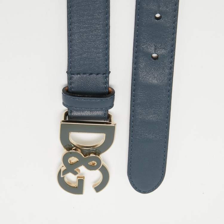 Pre Owned Dolce & Gabbana Blue Leather D&G Logo Buckle Belt 70CM