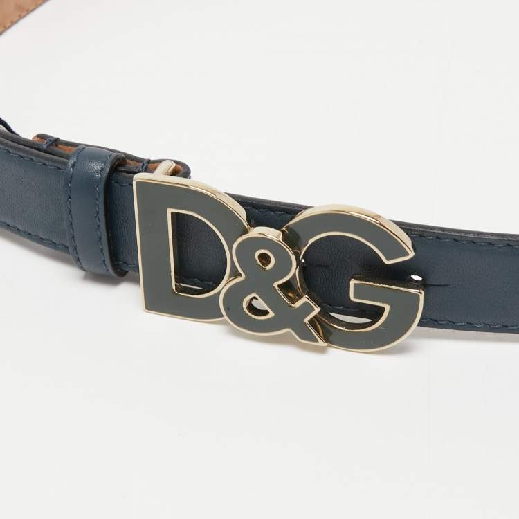 Pre Owned Dolce & Gabbana Blue Leather D&G Logo Buckle Belt 70CM