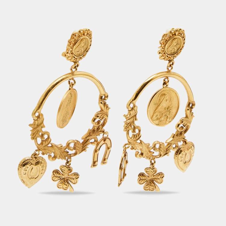 Pre Owned Dolce & Gabbana Gold Tone Votive Image Charm Drop Earrings