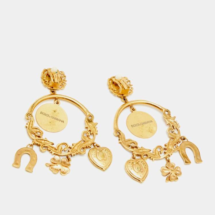 Pre Owned Dolce & Gabbana Gold Tone Votive Image Charm Drop Earrings
