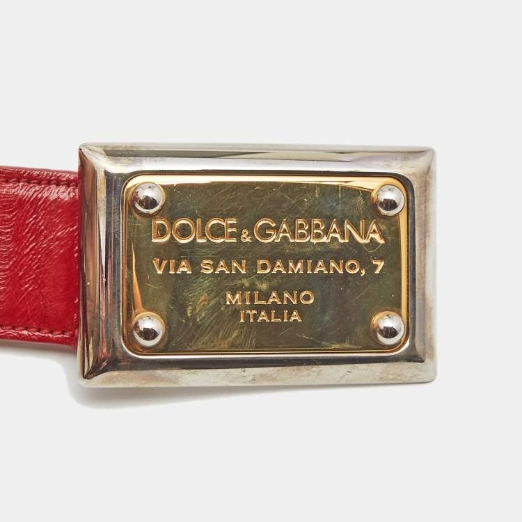 Pre Owned Dolce & Gabbana Red Eel Leather Logo Plaque Belt 90CM