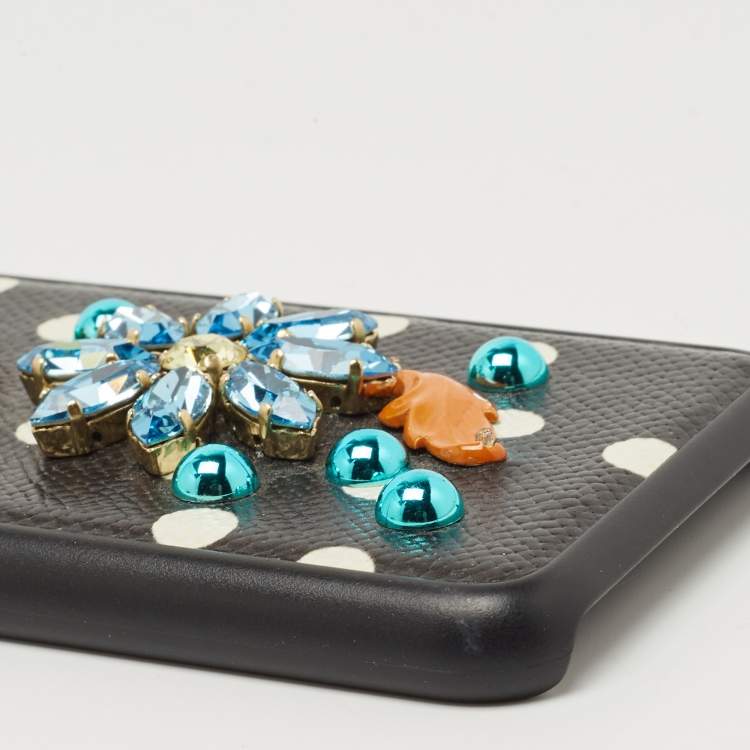 Pre Owned Dolce & Gabbana Black/White Polka Print Leather Crystals Embellished iPhone7 Case