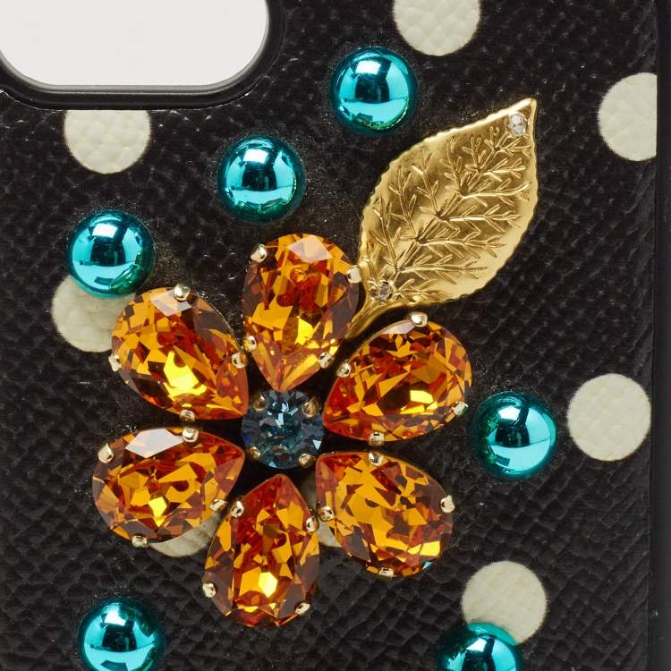 Pre Owned Dolce & Gabbana Black/White Polka Print Leather Crystals Embellished iPhone7 Case