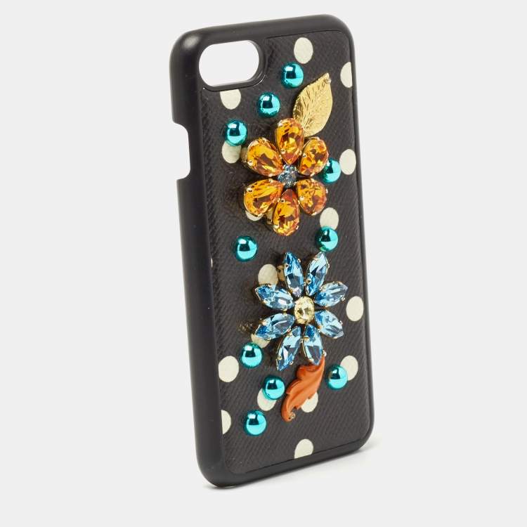 Pre Owned Dolce & Gabbana Black/White Polka Print Leather Crystals Embellished iPhone7 Case