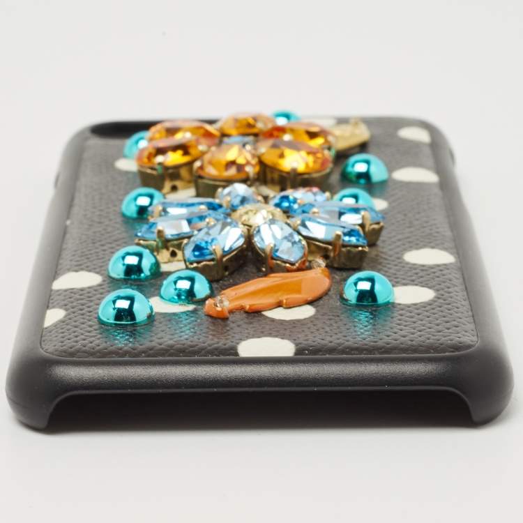 Pre Owned Dolce & Gabbana Black/White Polka Print Leather Crystals Embellished iPhone7 Case