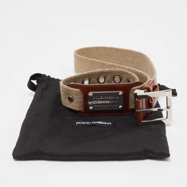 Pre Owned Dolce & Gabbana Beige Canvas and Leather Plaque Detail Waist Belt 80CM