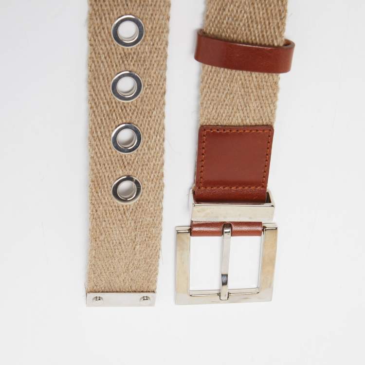 Pre Owned Dolce & Gabbana Beige Canvas and Leather Plaque Detail Waist Belt 80CM