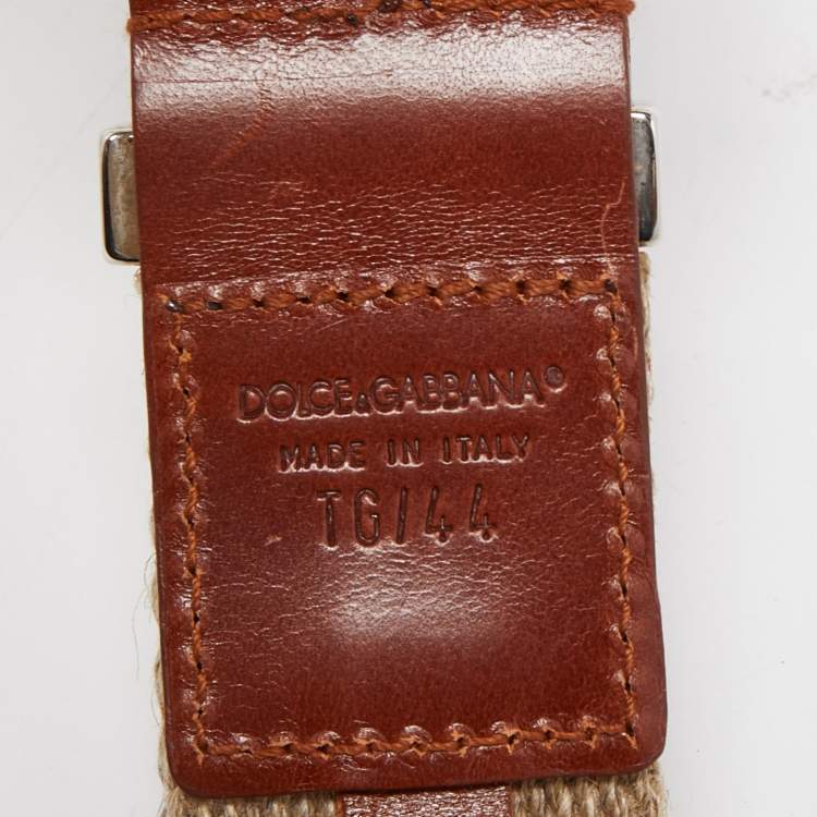 Pre Owned Dolce & Gabbana Beige Canvas and Leather Plaque Detail Waist Belt 80CM