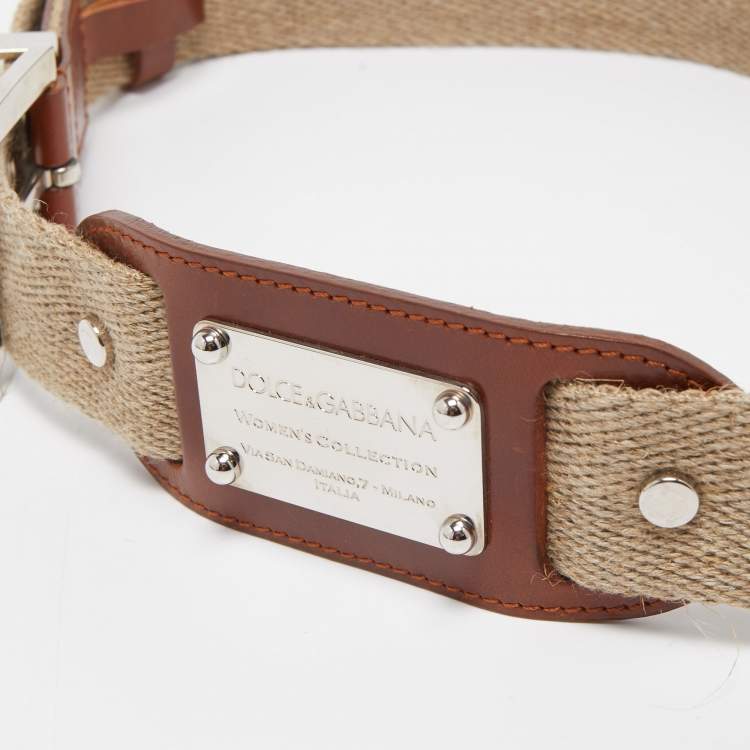 Pre Owned Dolce & Gabbana Beige Canvas and Leather Plaque Detail Waist Belt 80CM