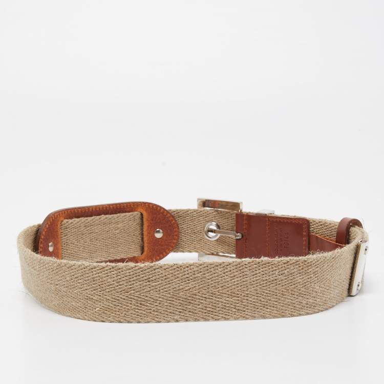 Pre Owned Dolce & Gabbana Beige Canvas and Leather Plaque Detail Waist Belt 80CM