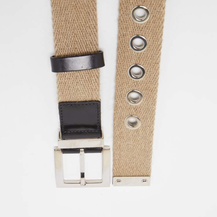 Pre Owned Dolce & Gabbana Beige Canvas and Leather Plaque Detail Waist Belt 80CM