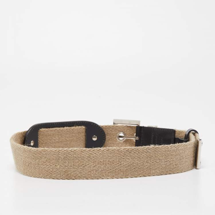 Pre Owned Dolce & Gabbana Beige Canvas and Leather Plaque Detail Waist Belt 80CM