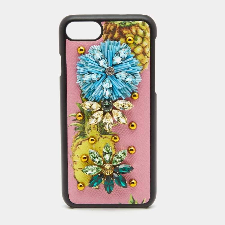 Pre Owned Dolce & Gabbana Pink/Yellow Fruit Print Leather Crystals Embellished iPhone 7 Cover
