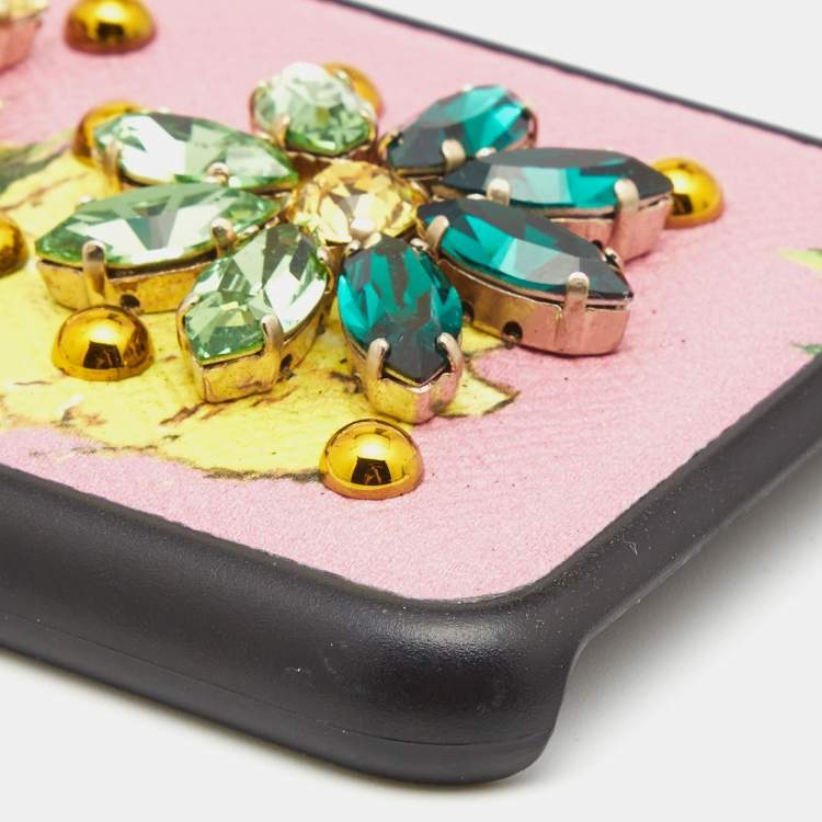 Pre Owned Dolce & Gabbana Pink/Yellow Fruit Print Leather Crystals Embellished iPhone 7 Cover
