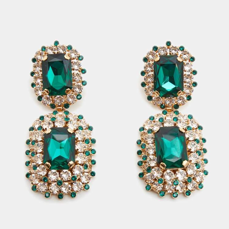 Pre Owned Dolce & Gabbana Crystal Embellished Gold Tone Clip On Drop Earrings