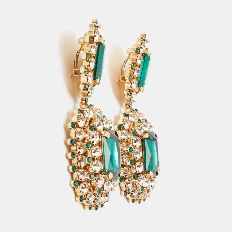 Pre Owned Dolce & Gabbana Crystal Embellished Gold Tone Clip On Drop Earrings