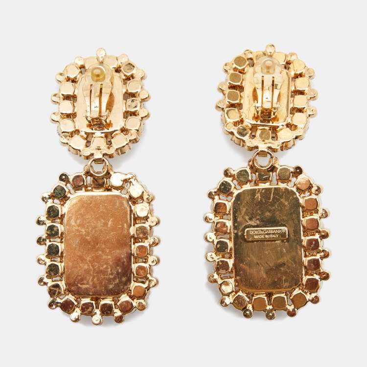 Pre Owned Dolce & Gabbana Crystal Embellished Gold Tone Clip On Drop Earrings