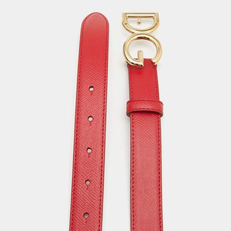 Pre Owned Dolce & Gabbana Red Leather DG Logo Slim Belt 75CM