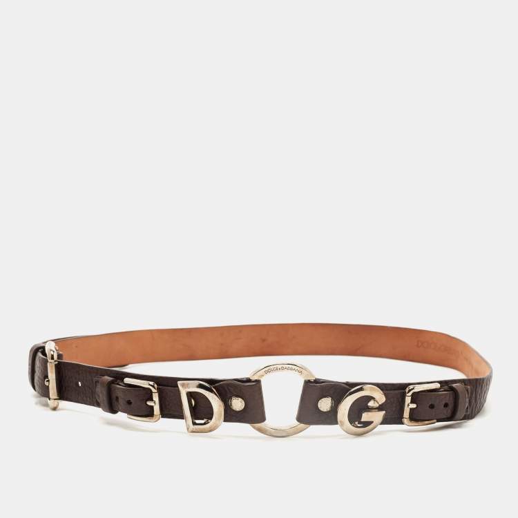 Pre Owned Dolce & Gabbana Brown Leather DG Logo Slim Belt 85CM