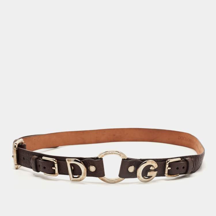 Pre Owned Dolce & Gabbana Brown Leather DG Logo Slim Belt 85CM