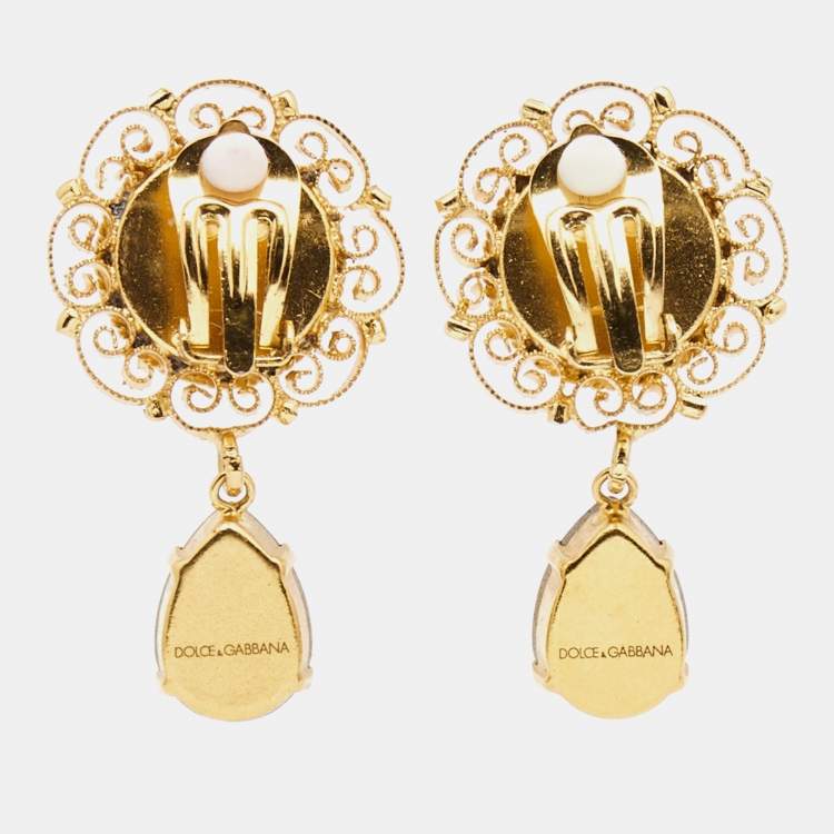 Pre Owned Dolce & Gabbana Gold Tone Red Crystal Drop Clip-On Earrings