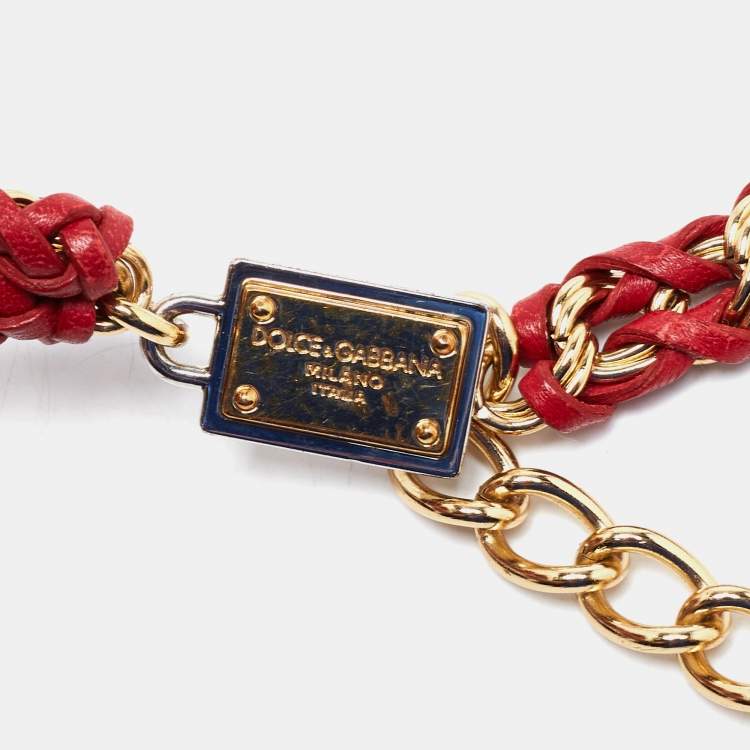 Pre Owned Dolce & Gabbana Red Braided Leather Gold Tone Chain Belt