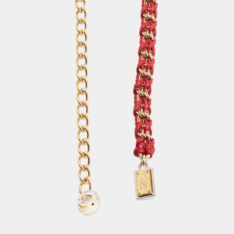 Pre Owned Dolce & Gabbana Red Braided Leather Gold Tone Chain Belt