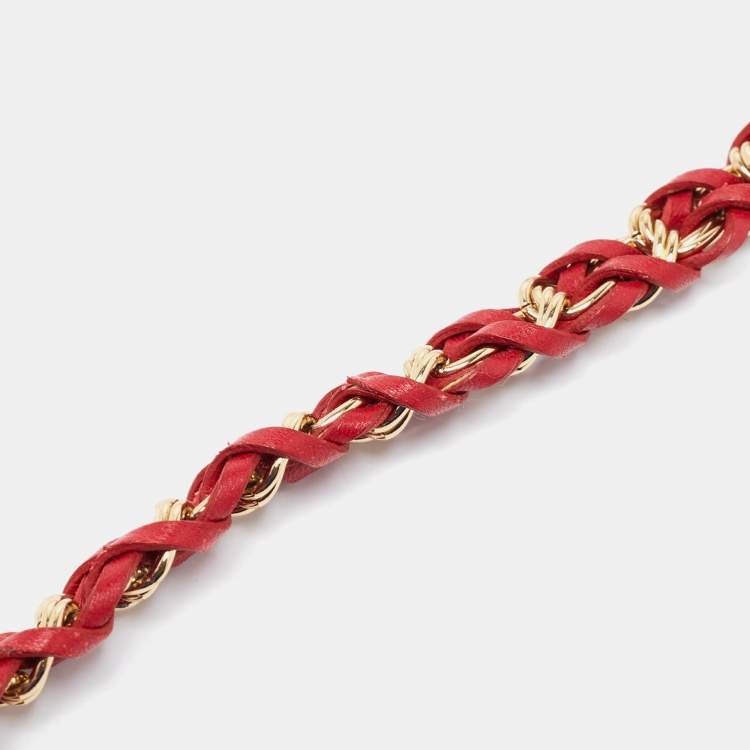 Pre Owned Dolce & Gabbana Red Braided Leather Gold Tone Chain Belt