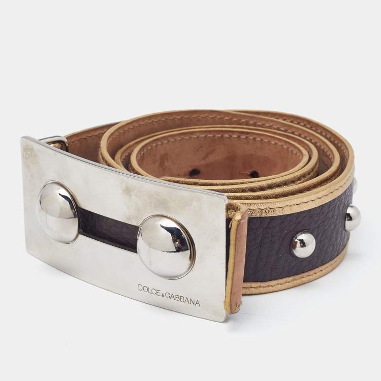 Pre Owned Dolce & Gabbana Dark Brown/Gold Leather Studded Plague Buckle Belt 85CM