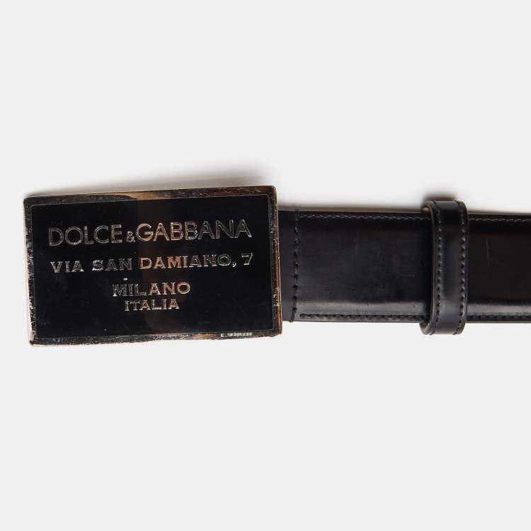 Pre Owned Dolce & Gabbana Black Leather Logo Plague Buckle Belt 105CM