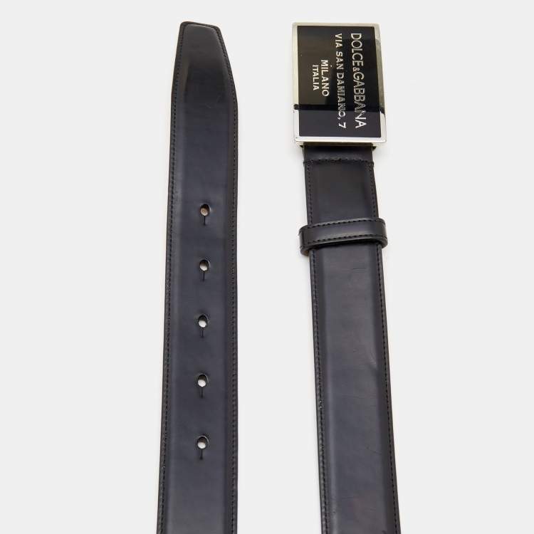 Pre Owned Dolce & Gabbana Black Leather Logo Plague Buckle Belt 105CM