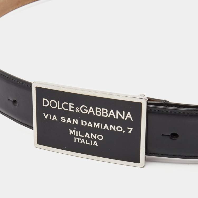 Pre Owned Dolce & Gabbana Black Leather Logo Plague Buckle Belt 105CM