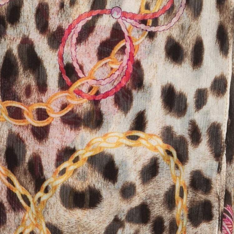 Pre Owned Dolce & Gabbana Brown/Purple Tassel Leopard Print Silk Scarf