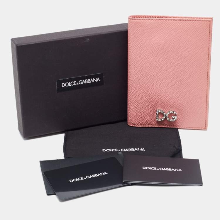 Pre Owned Dolce & Gabbana Pink Leather Crystal Logo Passport Holder