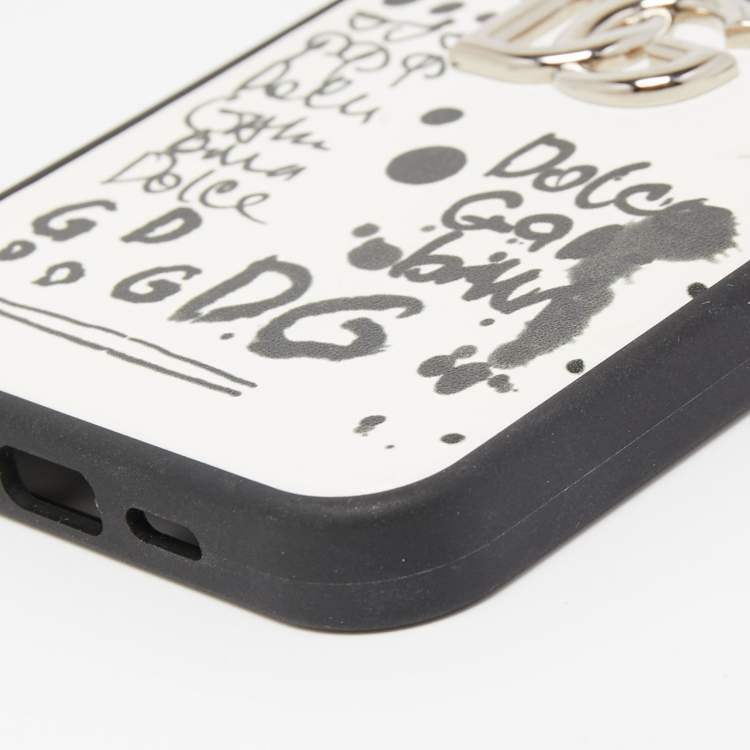 Pre Owned Dolce & Gabbana Black/White Graffiti Logo Leather DG Logo iPhone 13 Pro Case 
