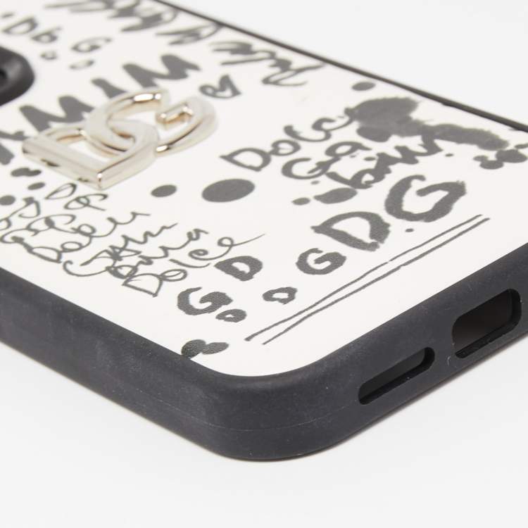 Pre Owned Dolce & Gabbana Black/White Graffiti Logo Leather DG Logo iPhone 13 Pro Case 